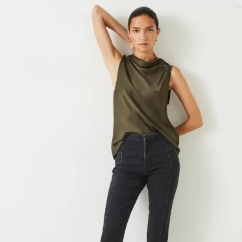 Theory Modern Cowl Neck Olive Silk Top size M
